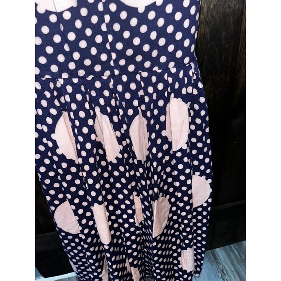 Shirt Waist Dress by Gul Zar Navy and Pink Polka Dots Size Large (42) - Picture 5 of 10